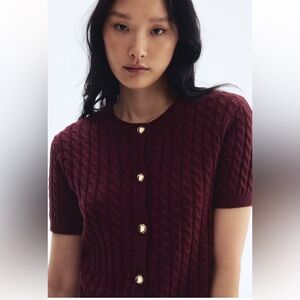 H&M Burgundy Cable-Knit Short Sleeve Cardigan with Gold Buttons